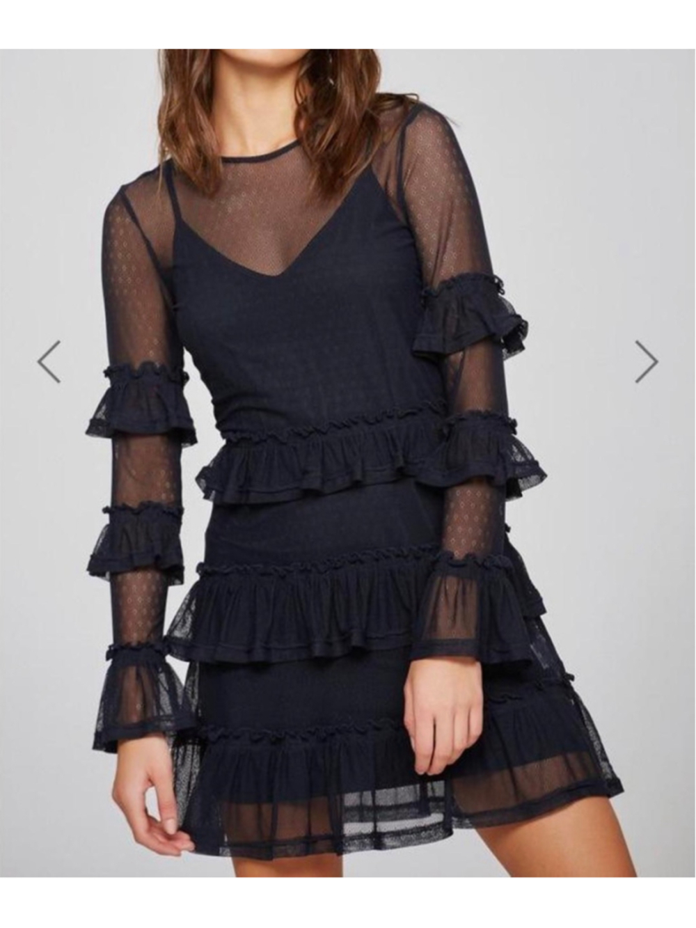 Lulus The Fifth Label Womens Navy Ruffle Long Sleeve Mesh Dress Size S Lace Mini